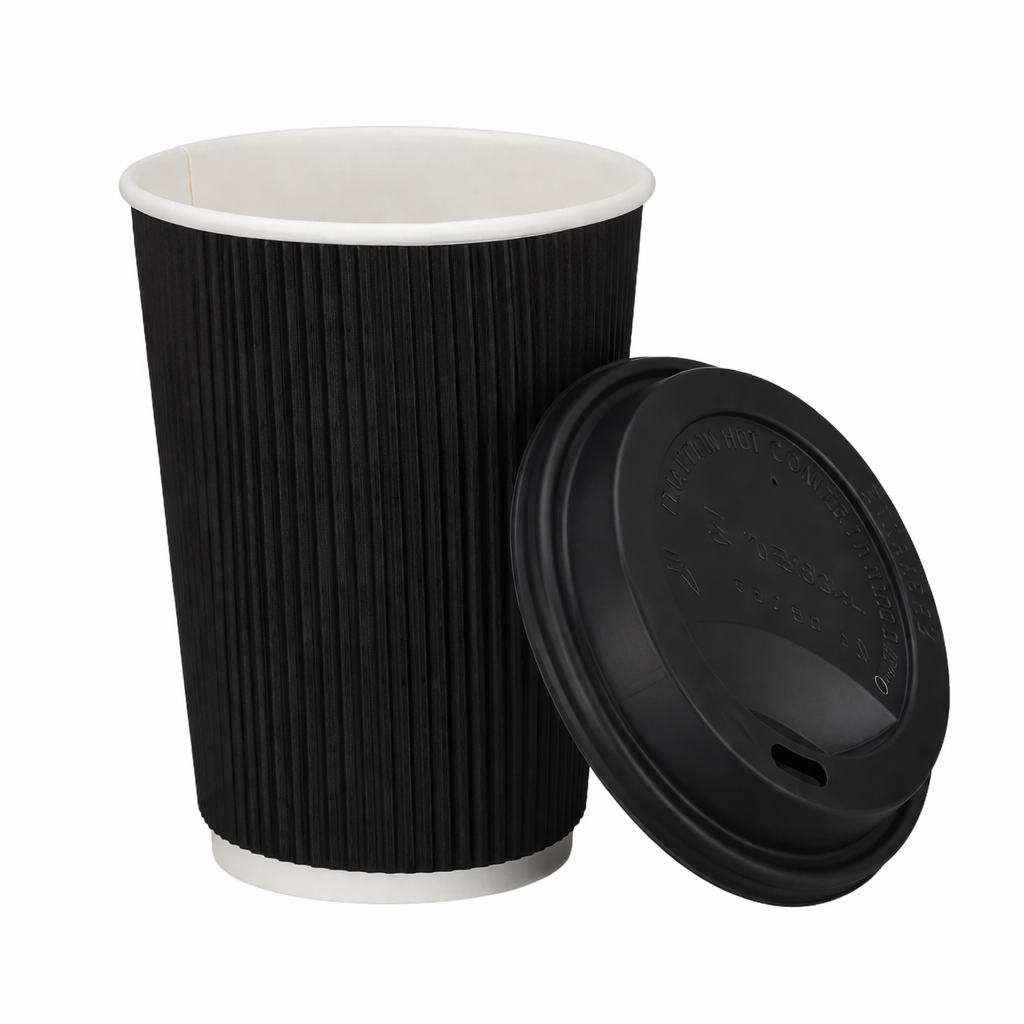 12oz Tall Black Ripple Wall Hot Cups (PE Lined) & Lids Combo