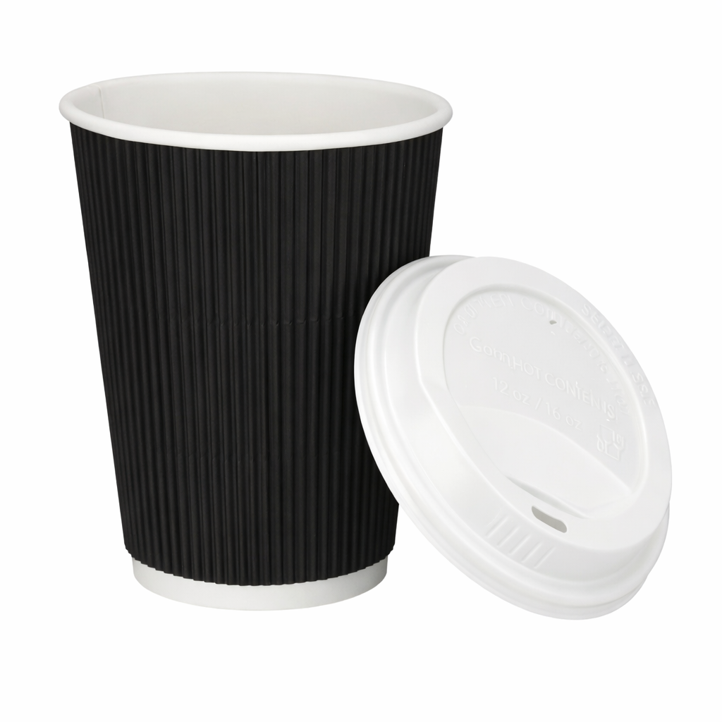 12oz Tall Black Ripple Wall Hot Cups (PE Lined) & Lids Combo