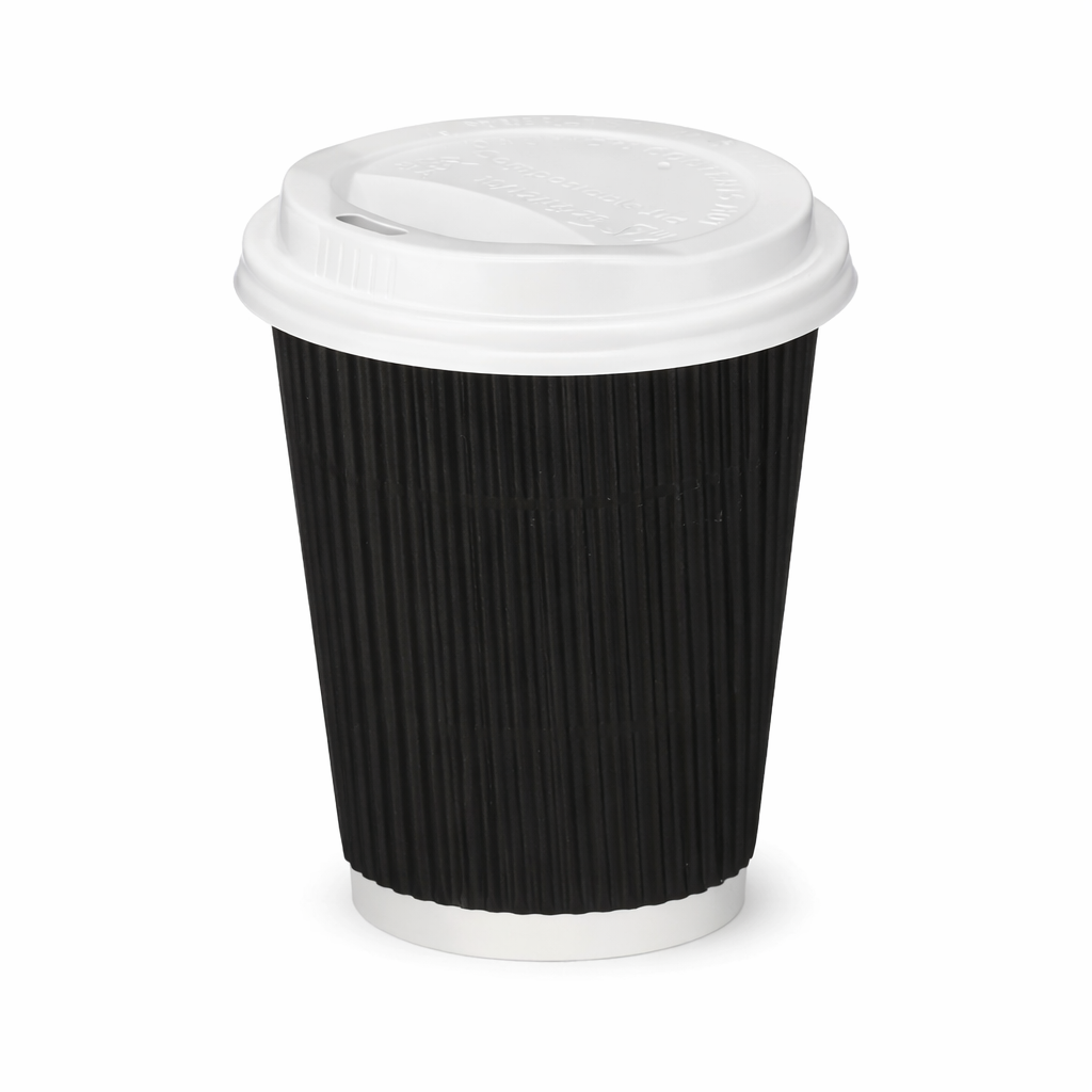 12oz Tall Black Ripple Wall Hot Cups (PE Lined) & Lids Combo