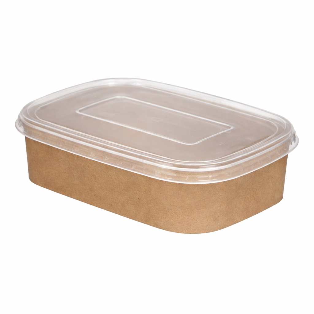500ml Kraft Rectangular Deli Bowls (PE Lined) & Lids Combo