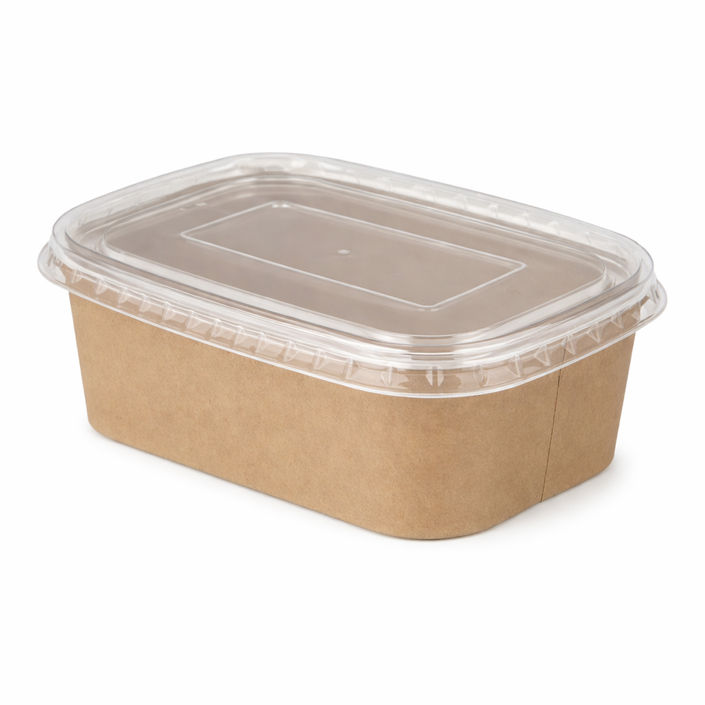 750ml Kraft Rectangular Deli Bowls (PE Lined) & Lids Combo