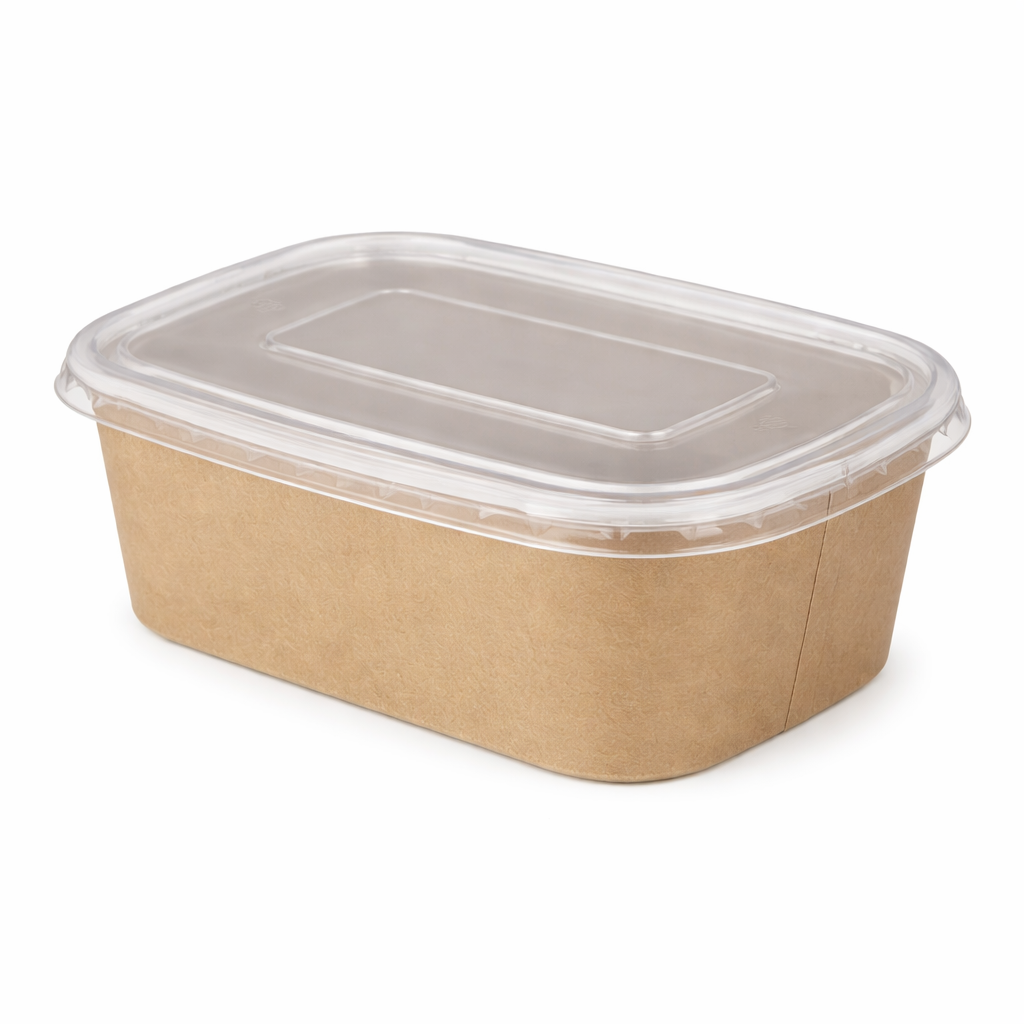 750ml Kraft Rectangular Deli Bowls (PE Lined) & Lids Combo