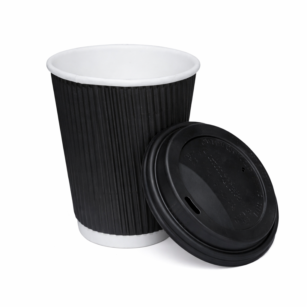 8oz Black Ripple Wall Hot Cups (PE Lined) & Lids Combo