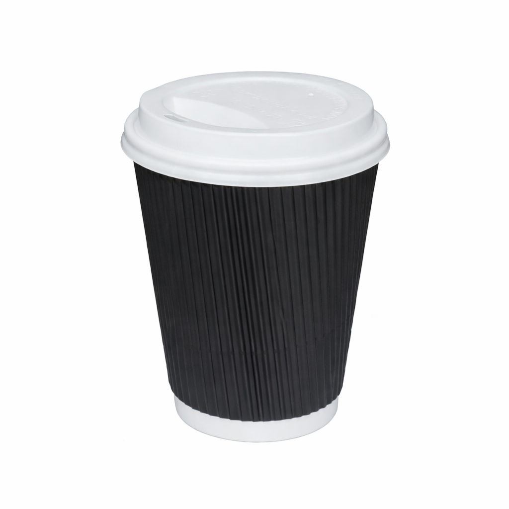8oz Black Ripple Wall Hot Cups (PE Lined) & Lids Combo